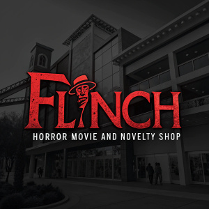 Eye-catching logo for 'Flinch Horror Movie and Novelty Shop'. The stylized word 'FLINCH' in bold, red font against a black background.