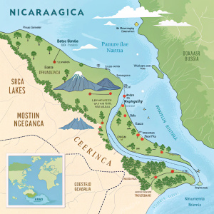 Interactive map showcasing the geographical features of Nicaragua, including lakes, rivers, and mountain ranges.