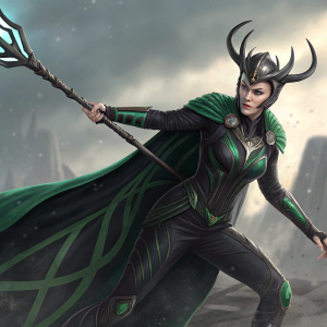 Digital artwork featuring Hela, the fierce villain from Marvel's Thor: Ragnarok. She's depicted mid-action, clad in her signature black and green attire, wielding a scepter.