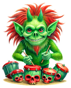 very bad and crazy green troll, illustration, red accessories, playing drum kit on skulls, vintage cartoon effect, white background