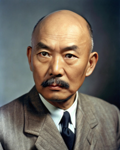 Léi Jùnzhào. Viejo. Calvo. Bigote. Duro. Serio. Enojado. Castaño. Vestimenta Formal Sencilla. Año 1950. Fotografía Análoga a Color. Año 1950. 