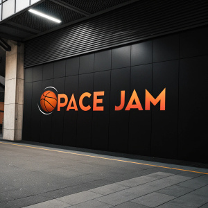 Modern logo design for Space Jam featuring bold, minimalist sans-serif font in vibrant orange on a sleek black backdrop.