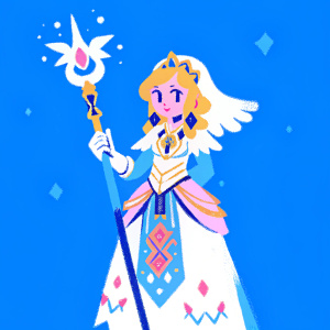 Digital art of Verica from Dragalia Lost. Elegant attire with intricate blue, gold, and red patterns. Holding a staff-like weapon. Soft, warm lighting enhances her youthful and regal appearance.