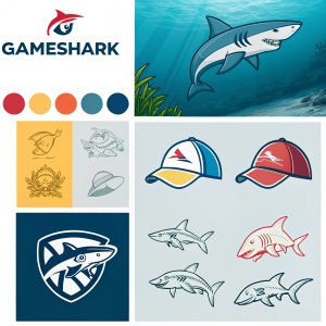 Infographic showcasing GameShark's brand identity. Includes logo variations, color schemes, and sketches.