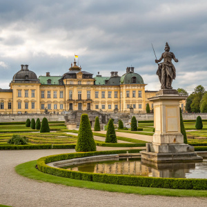Drottningholm Palace, located in Haga Park, Sweden. The palace is adorned with intricate yellow facades and surrounded by lush gardens. A grand statue stands prominently in a nearby pond.