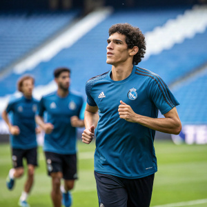 Jesus Vallejo, the soccer star, in a blue training jersey. Running on the field. Teammates and the stadium backdrop visible.