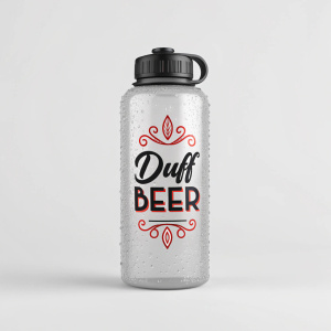 A digital illustration showcasing a Duff Beer water bottle. The bottle features a sleek, transparent design with a contrasting black cap. The label boasts bold cursive text in black and red hues. Designed for easy portability, the bottle is crafted from a lightweight, sturdy material.