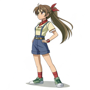 Mion Sonozaki, character from Higurashi no Naku Koro ni, standing alone. Serious expression, long hair tied in a ponytail, casual outfit with a distinctive belt and accessories. No background