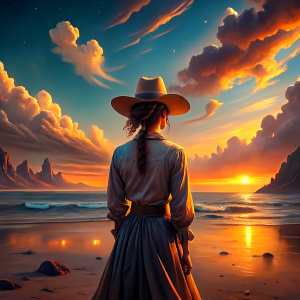 A cowgirl watches sunset at the beach