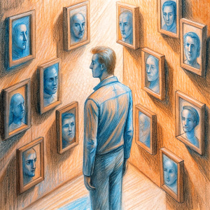 Lonely man surrounded by a wall full of mirrors where he sees his many selves