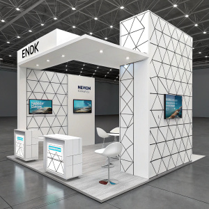 Modern booth design for ENDOK. Sleek, minimalist style with geometric patterns. Interactive seating and digital displays. Bright, inviting space at the trade show.