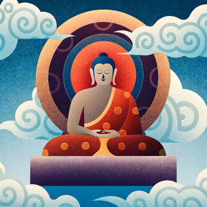 Digital artwork of Kanta-Buddha. Fantasy style with intricate details. Cloud-like background.