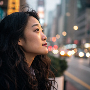 Close-up of a woman with long dark wavy hair, Asian descent, gazing thoughtfully at a bustling cityscape. Soft warm lighting, blurred background, photo
