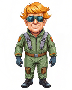 a cartoon full body caricature of donald trump, with orange hair,in the style of David Green, dressed in a flight suit, flight gloves, flight boots and wearing sunglasses from the 1986 movie Top Gun, white background