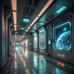 Digital rendering of a sleek, industrial space station hallway. Multiple holographic displays cast a futuristic glow.