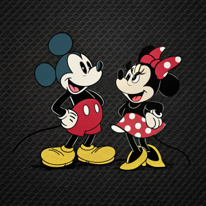 Simple line drawing of Mickey Mouse and Minnie Mouse. Black background with texture, bold colors, minimal details
