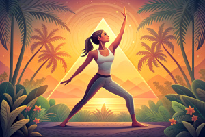 Triangle Pose: Stand wide, lean sideways, touch foot with hand.

