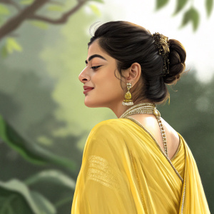 Rashmika Mandanna, a south Indian actress, in an ornate digital illustration. She's in a flowing yellow saree, intricate jewelry, and her hair in an elegant bun. Set against a blurred background of greenery, her eyes shimmer with a tranquil gaze.