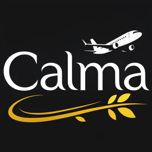 Logo for Calma Airlines, premium flight experience by Cebu Pacific. Modern sans-serif font 'Calma' against black background.