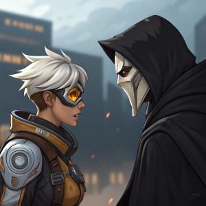 Digital artwork depicting a tense standoff between two Overwatch heroes. Tracer, with her iconic short white hair and futuristic visor, stands opposite a cloaked figure in dark attire.