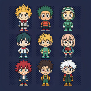 Digital art featuring characters from 'My Hero Academia'. Grid-like layout with pixel art illustrations on a dark background.