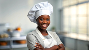 african american young women chef in a chef's hat with arms crossed wears apron standing in restaurant kitchen and smiling