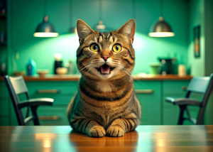 cat cat smiling at the table, kitchen, sharp focus