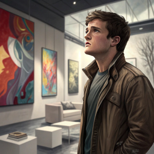 Josh Hutcherson, standing in a modern art gallery, intense expression. Abstract paintings in the background