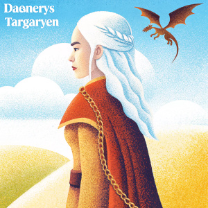 Digital portrait of Daenerys Targaryen from Game of Thrones. Grey hair, adorned with intricate tattoos. Brown robe, cinched with a chain belt. Standing in a barren desert landscape. Small dragon on her shoulder, brown with outstretched wings. Artist's signature at bottom right corner.