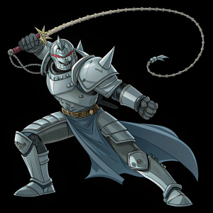 Alphonse Elric, armored character, dynamic pose. Whip-like appendage. Solid black background.