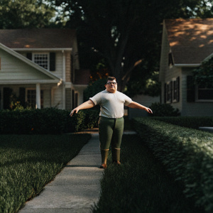 Peter Griffin, Family Guy character, 3D render. White t-shirt, green pants, brown boots. Intense gaze, outstretched arms, standing confidently in a suburban setting.