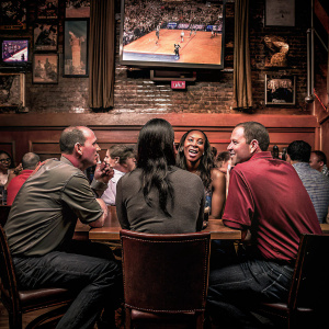 Commentators Jay Bilas, Cari Champion, and Adrian Wojnarowski at a crowded sports bar during the NBA Draft Combine event.
