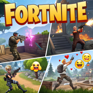 A vibrant collage of scenes from Fortnite battle royale. The montage includes dynamic gameplay moments, expressive emojis, and bold text overlays. The color palette is bright and energetic, highlighting the game's excitement.