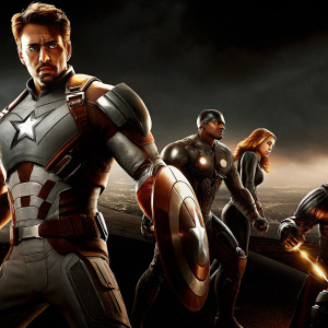 Promotional image for 'Avengers: Endgame'. Tony Stark in advanced suit, alongside other heroes, ready for battle. Dark, shadowy background with city lights