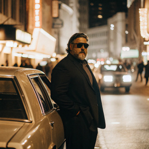 Russell Crowe, actor, in dark suit, sunglasses, and beard, standing in a bustling city street at night.