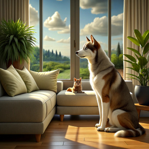 A scottish cat and siberian husky dog ​​are on the sofa of the house, watching the spring view 3d