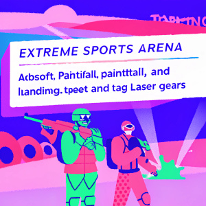 Homepage of Extreme Sports Arena. A vibrant landing page showcasing airsoft, paintball, and laser tag. Features tactical gear and military outfits.