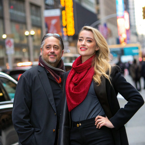 Amber Heard, blonde hair partially covered by red scarf, standing with a man. They are posing in front of a bustling city street.