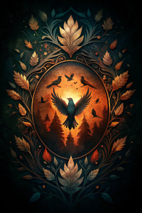 centered book cover image, dark, birds silouette, black background