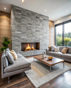 A minimalist fireplace decorated with stone tiles in a minimalist interior design of a modern living room with a sofa.