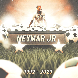 Neymar Jr., in a vibrant promotional image. The background is a dynamic green field with soccer balls and stars, showcasing his career highlights from 1992 to 2023. The timeline is in sleek, modern font, standing out against the lively backdrop.