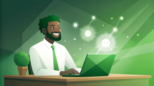 smiling black business man sitting in from of a desk looking at a laptop, in a an office, wearing shirt, glowing laptop  screen projecting business icons,  wide camera angle, side view