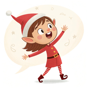 Elf with Santa hat, brown hair, and red outfit. Arms spread wide, joyful face. Speech bubble shape, white background