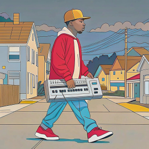 joven rap caminando por el barrio de noche con akai mpc 