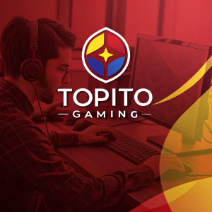 Logo design for Topito Gaming featuring a vibrant red background. The logo combines geometric shapes and bold colors for a modern look. The main elements are designed with a cohesive color scheme of red, blue, and yellow. A sleek, modern font is used for the company name, 'Topito Gaming'. The overall design is intended to be striking and memorable.