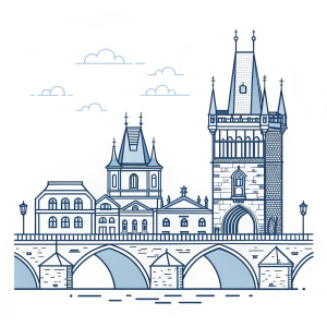 Minimalist line art illustration of Charles Bridge in Prague. Gothic architecture and arches depicted in clean, flat color and simplified lines.