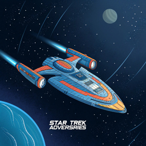A sleek, angular spaceship, featuring bold blue and orange hues, glides through the vast, starlit expanse of space. The Star Trek Adversaries logo subtly positioned beneath the ship