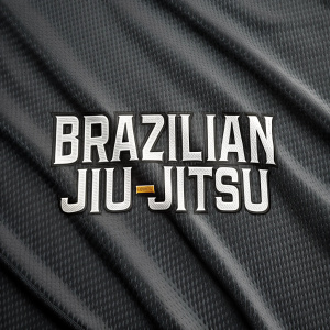Stylized 'Brazilian Jiu-Jitsu' logo. Modern sans-serif font, bold letters. Metallic or digital finish. Dark, textured fabric background.