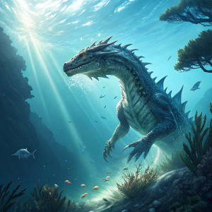 Digital artwork showcasing the Lagiacrus from the Monster Hunter series. The beast is swimming dynamically through an ocean with sunbeams piercing the water, creating a dramatic effect. The illustration is detailed, with intricate textures and a muscular structure.