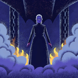 Daenerys Targaryen with piercing blue eyes. Standing in the dragon pit, surrounded by flames and smoke.